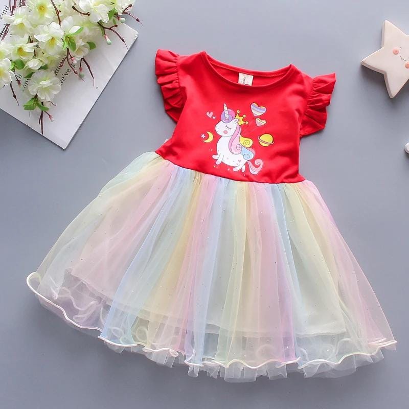Kids Unicorn Flying Sleeves Girls A-Line Tutu Dress - Gracias Collectibles