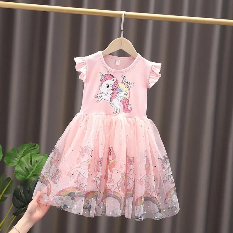 Kids Unicorn Flying Sleeves Girls A-Line Tutu Dress - Gracias Collectibles