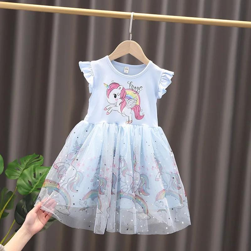 Kids Unicorn Flying Sleeves Girls A-Line Tutu Dress - Gracias Collectibles