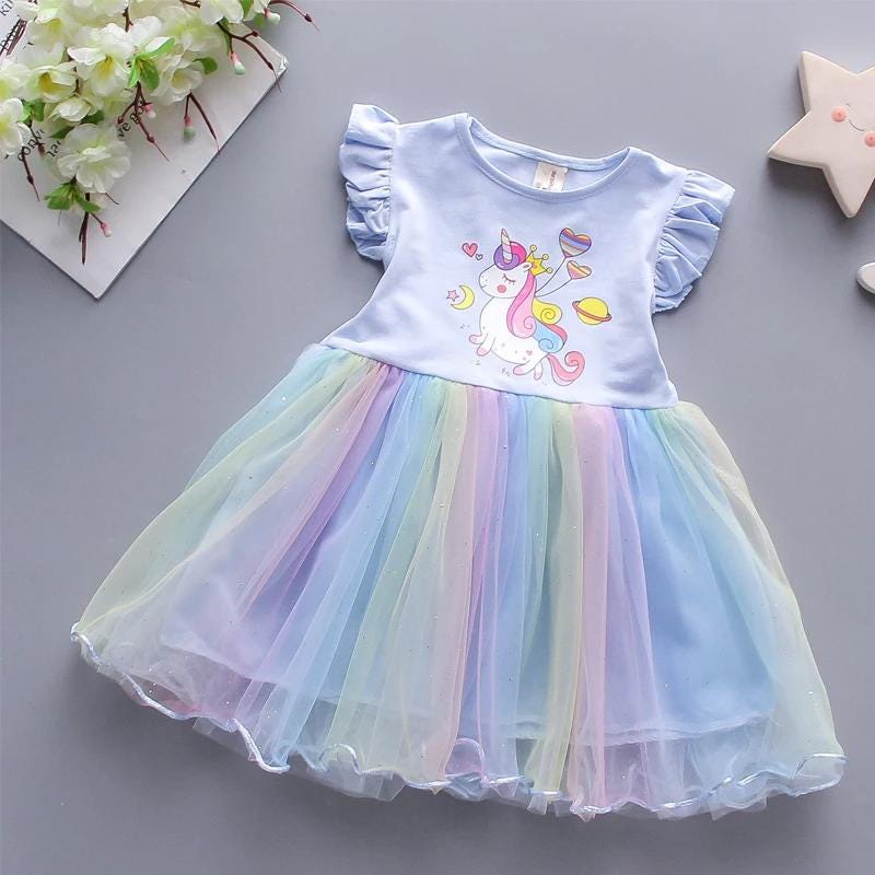 Kids Unicorn Flying Sleeves Girls A-Line Tutu Dress - Gracias Collectibles