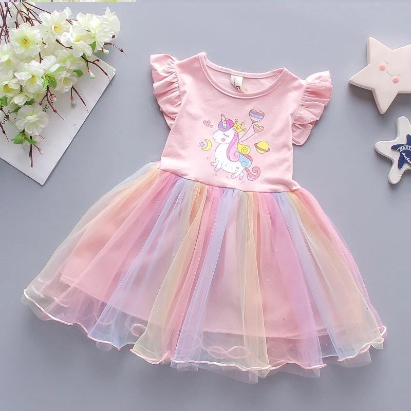 Kids Unicorn Flying Sleeves Girls A-Line Tutu Dress - Gracias Collectibles