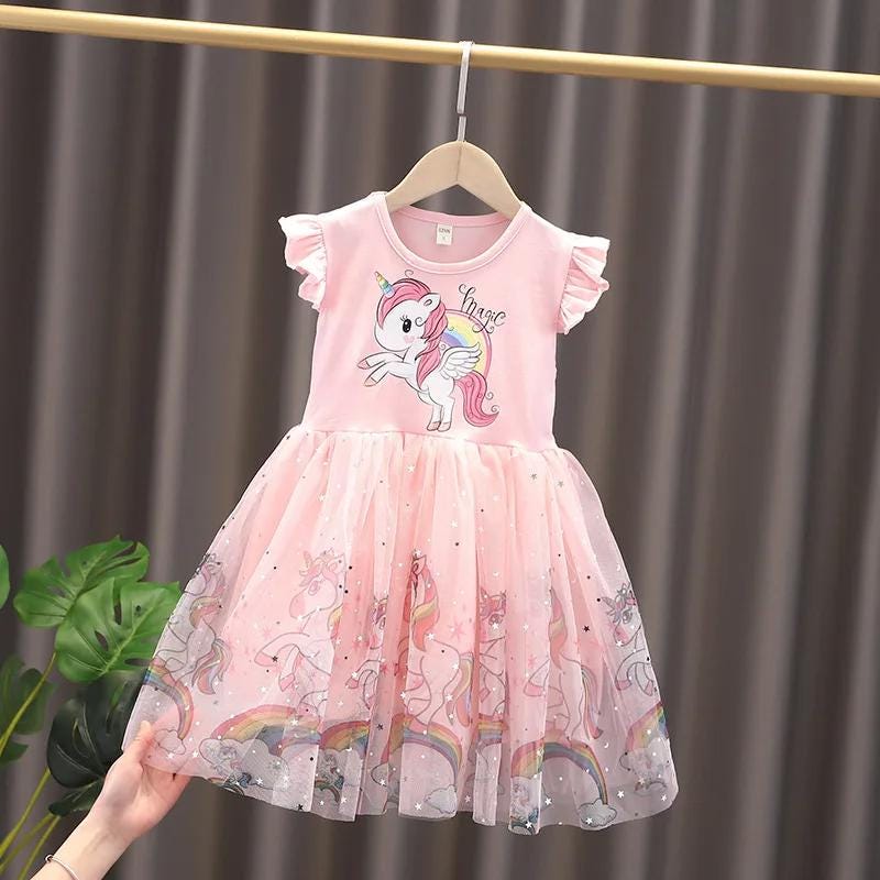 Kids Unicorn Flying Sleeves Girls A-Line Tutu Dress - Gracias Collectibles